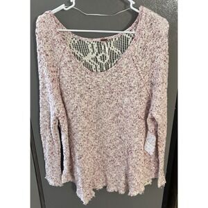 Free People Sweater Women's Large Pink Beige Lace Back raw Hem Pullon Knit Boho